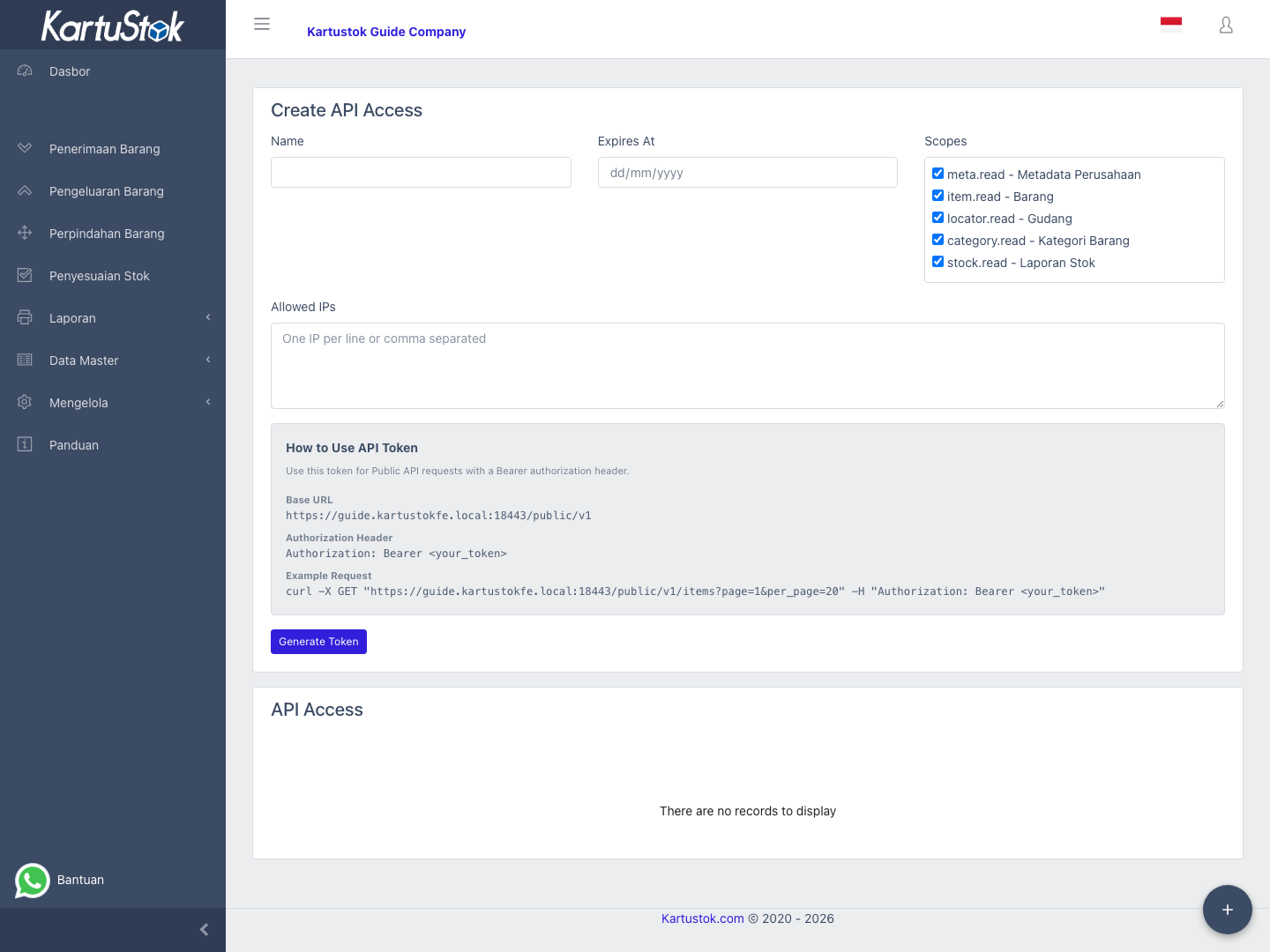 API access token list