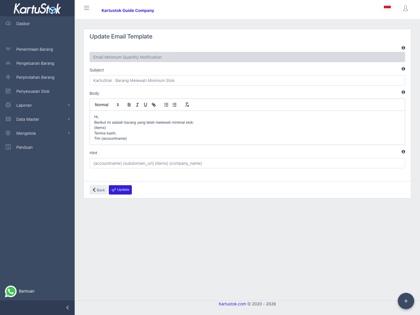 Halaman update email template