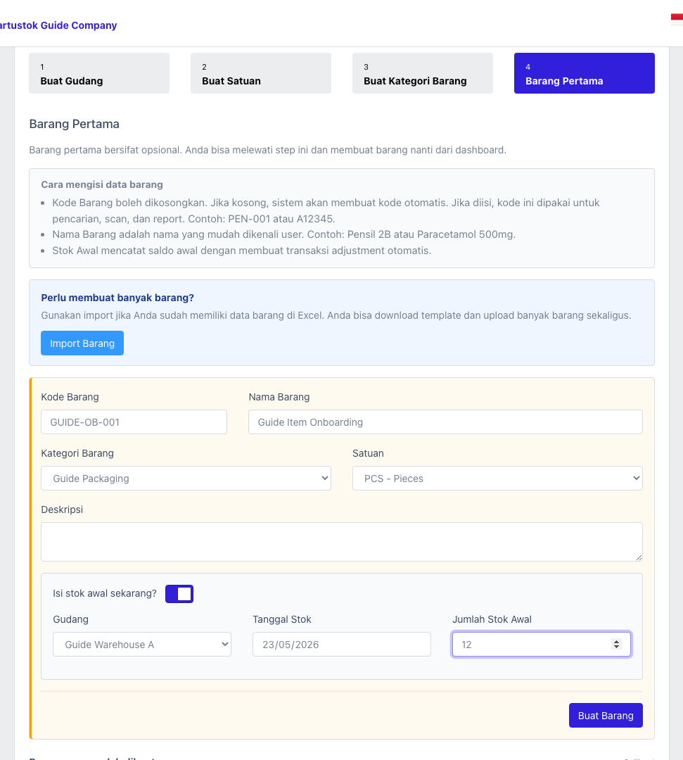 Onboarding first item step