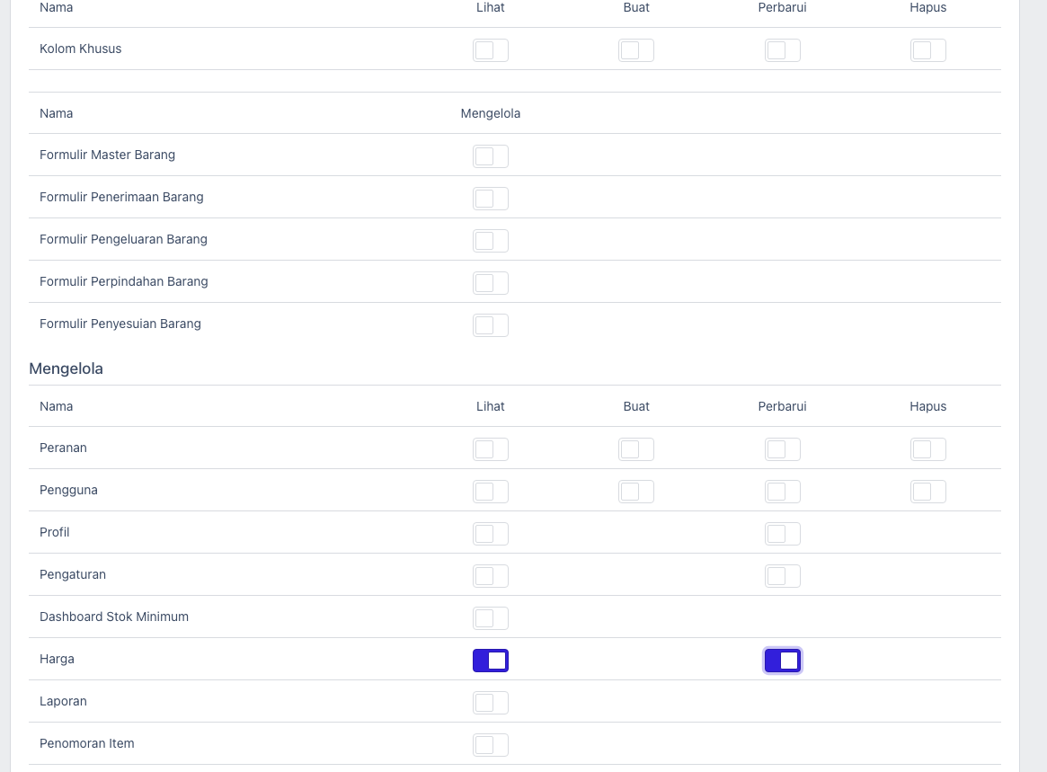 Pengaturan permission role untuk dashboard, report, dan harga